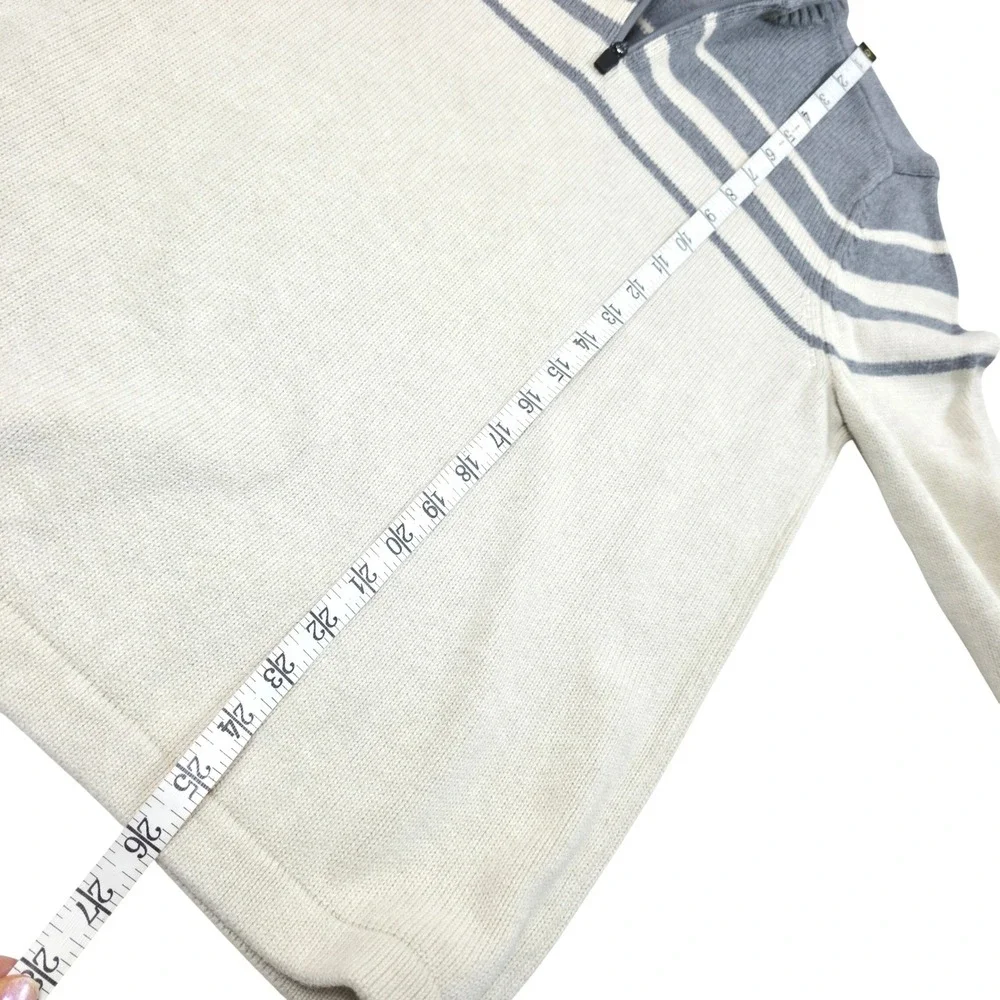 Eddie Bauer Mens Quarter Zip Sweater Small Grey Cream Striped 100% Cotton Knit